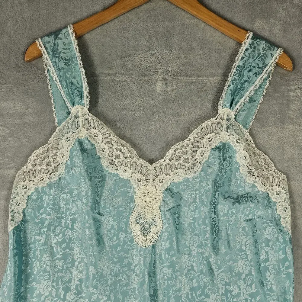 Vintage Lucie Ann II Nightgown Womens M‎ Blue Floral Satin Lace Bridal Lingerie